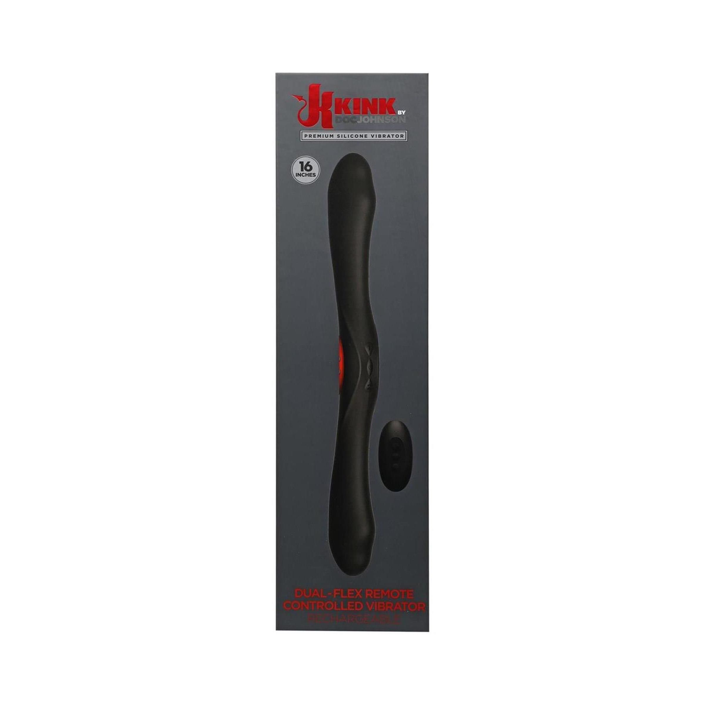 Schwarzer Vibrator in Verpackung. Aufschrift: KINK, Dual-Flex, Wireless Remote Control. 16 Modi.