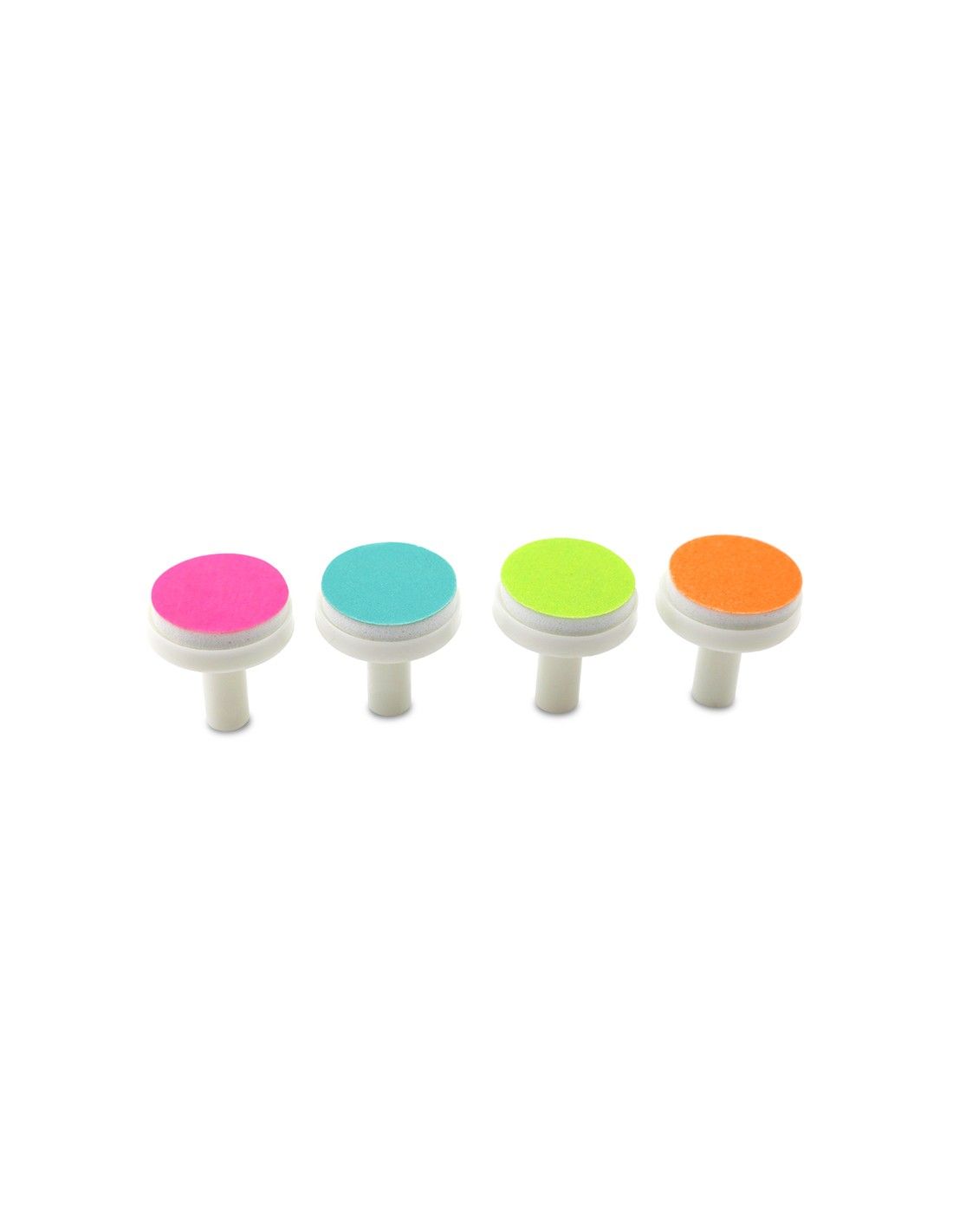 Vier Ersatz-Pads für Nagelpflege Set. Runde, farbige Pads auf weißen Stiften. Verschiedene Farben.
