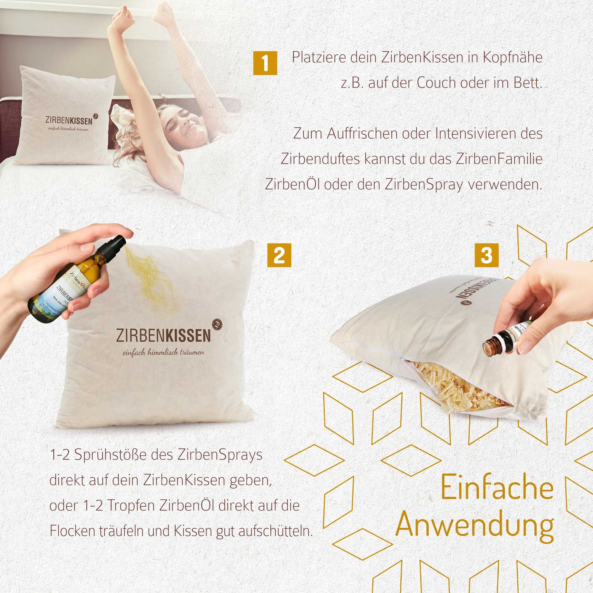 Kissen mit Text. Frau im Bett. Spray und Öl werden auf Kissen gesprüht. Einfache Anwendung.