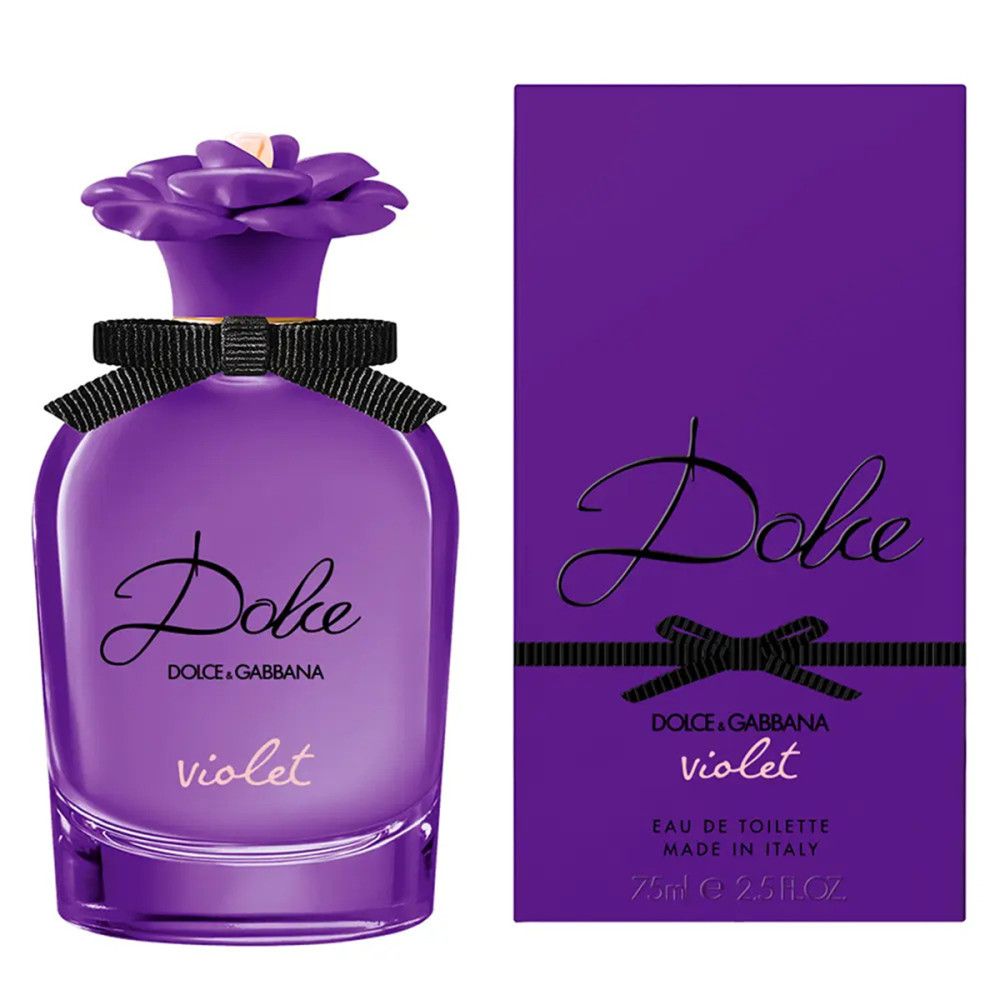 Violett-farbener Flakon mit schwarzer Schleife und Blütenverschluss. Daneben eine violette Schachtel mit Schriftzug Dolce.