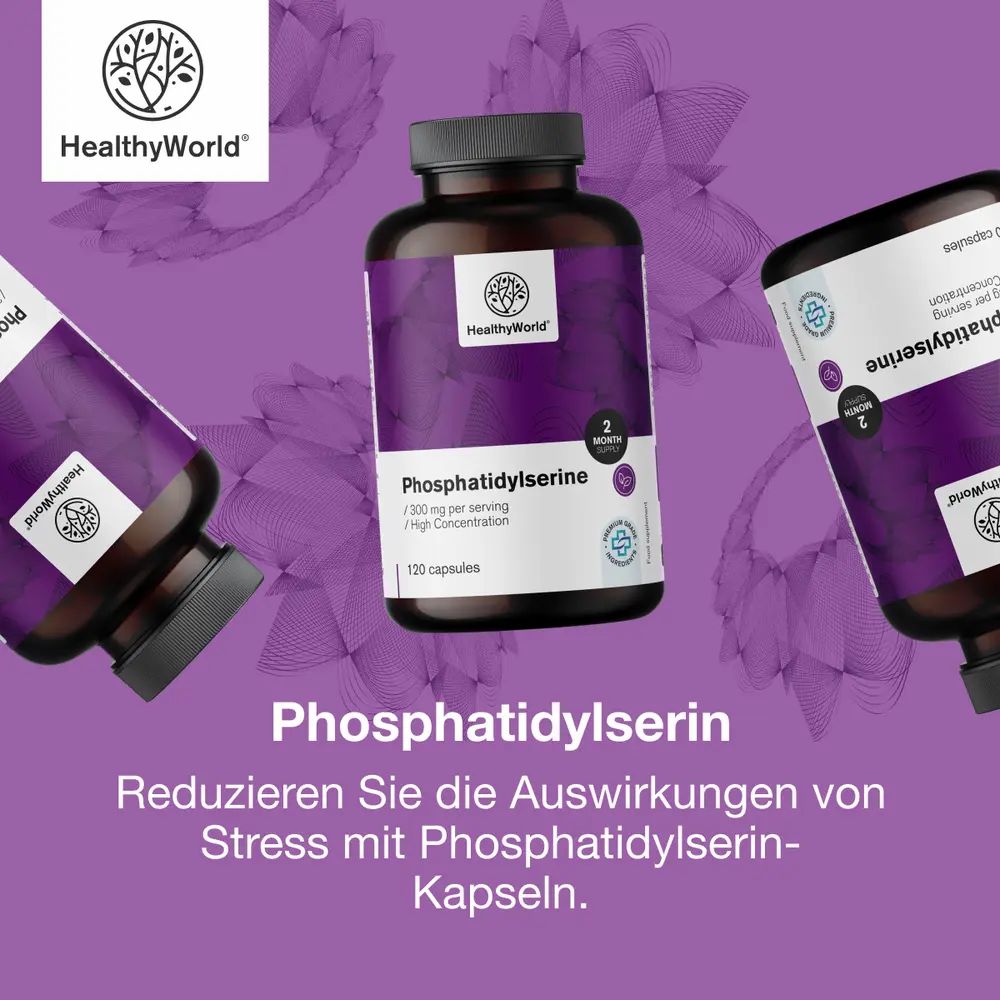 Mehrere Flaschen mit lila Etikett: Phosphatidylserin, 120 Kapseln. Logo HealthyWorld. Text: Reduzieren Sie Stress.
