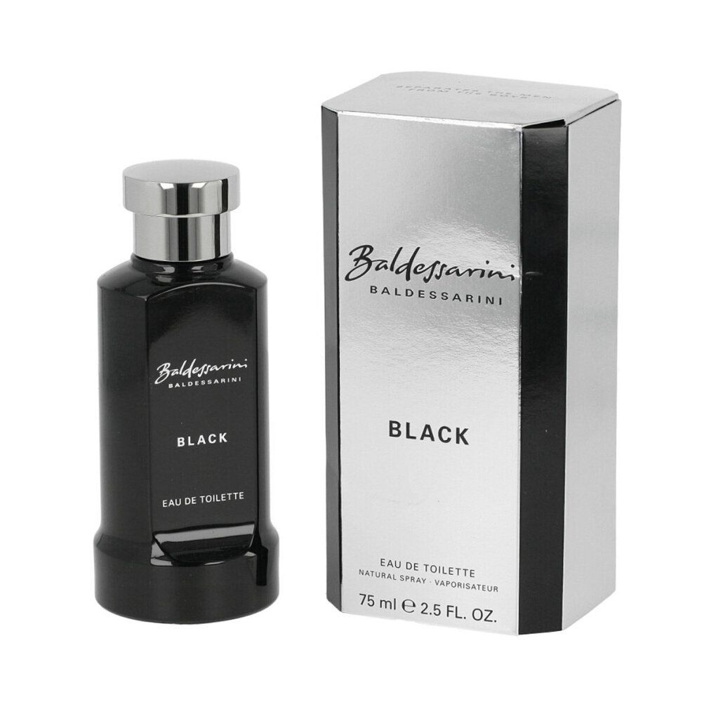 Schwarze Flasche und Verpackung. Aufschrift: Baldessarini Black Eau de Toilette. Silberner Deckel.