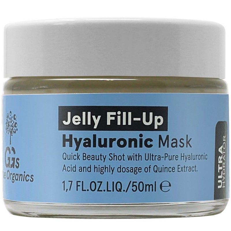 Glasbehälter mit weißem Deckel. Auf blauem Etikett: Jelly Fill-Up Hyaluronic Mask. Text: 1,7 FL.OZ.LIQ./50ml. Marke: GGs Organics.