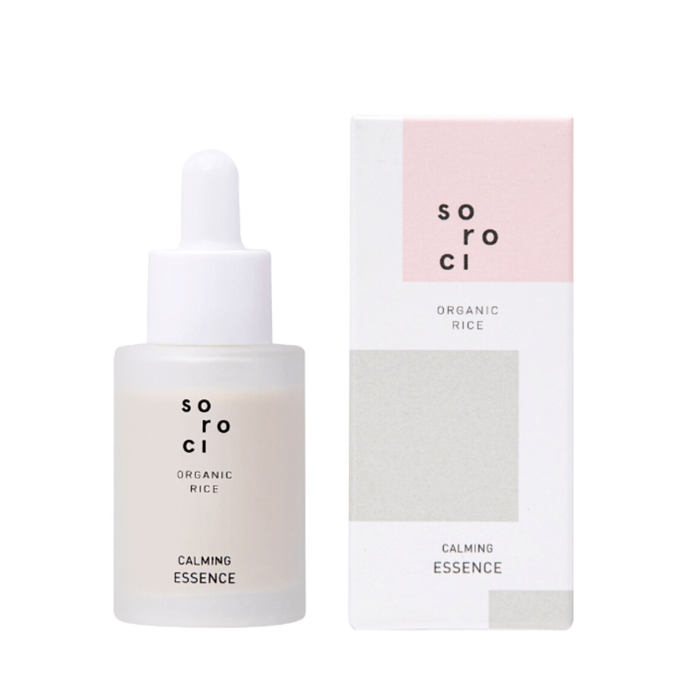 Flakon und Verpackung von Soroci Calming Essence. Flakon aus Milchglas mit Pipette. Verpackung mit Logo und Produktbezeichnung.