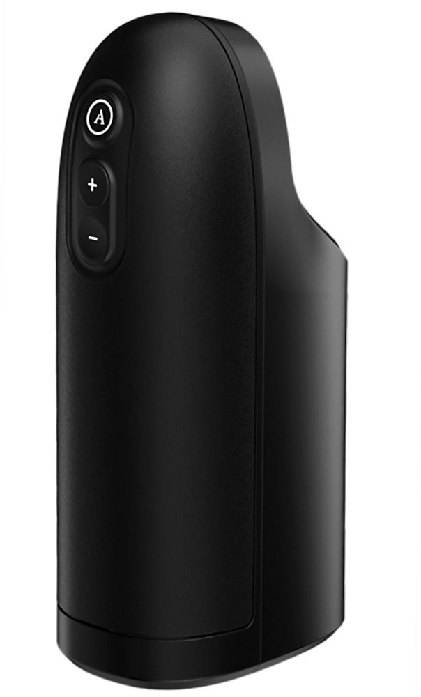 Schwarzes, zylindrisches Gerät mit Bedienknöpfen. Oben: Knopf mit 'A', darunter '+' und '-'.