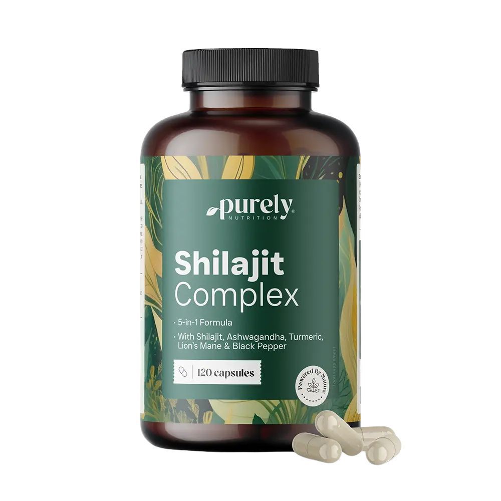 Braune Flasche mit grüner Etikettierung. Enthält Kapseln. Aufschrift: Shilajit Complex, 120 Kapseln. Mit Ashwagandha, Kurkuma, Löwenmähne.