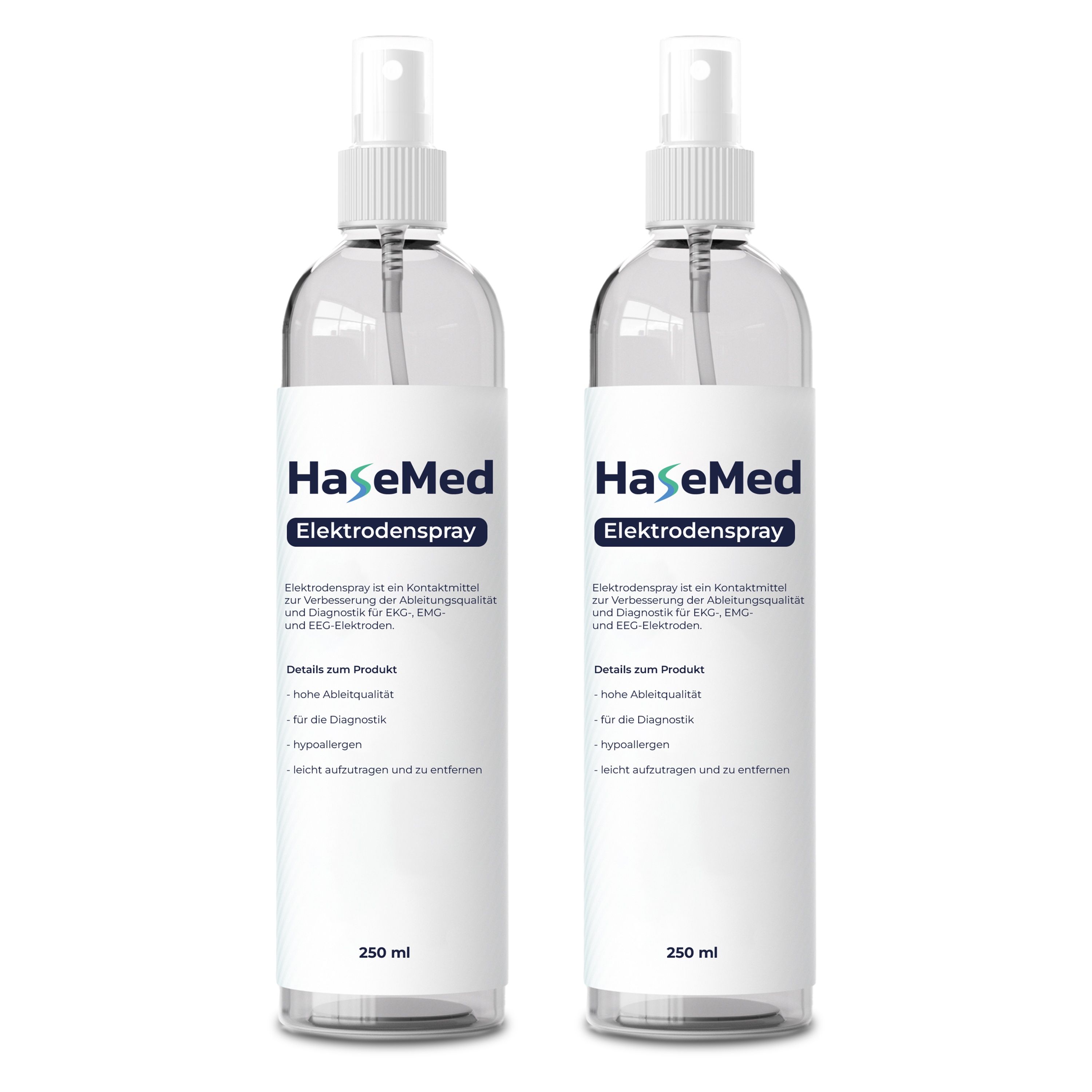 Zwei Sprühflaschen HaseMed Elektrodenspray. Klare Flaschen mit weißem Etikett. Text: Elektrodenspray, 250 ml.