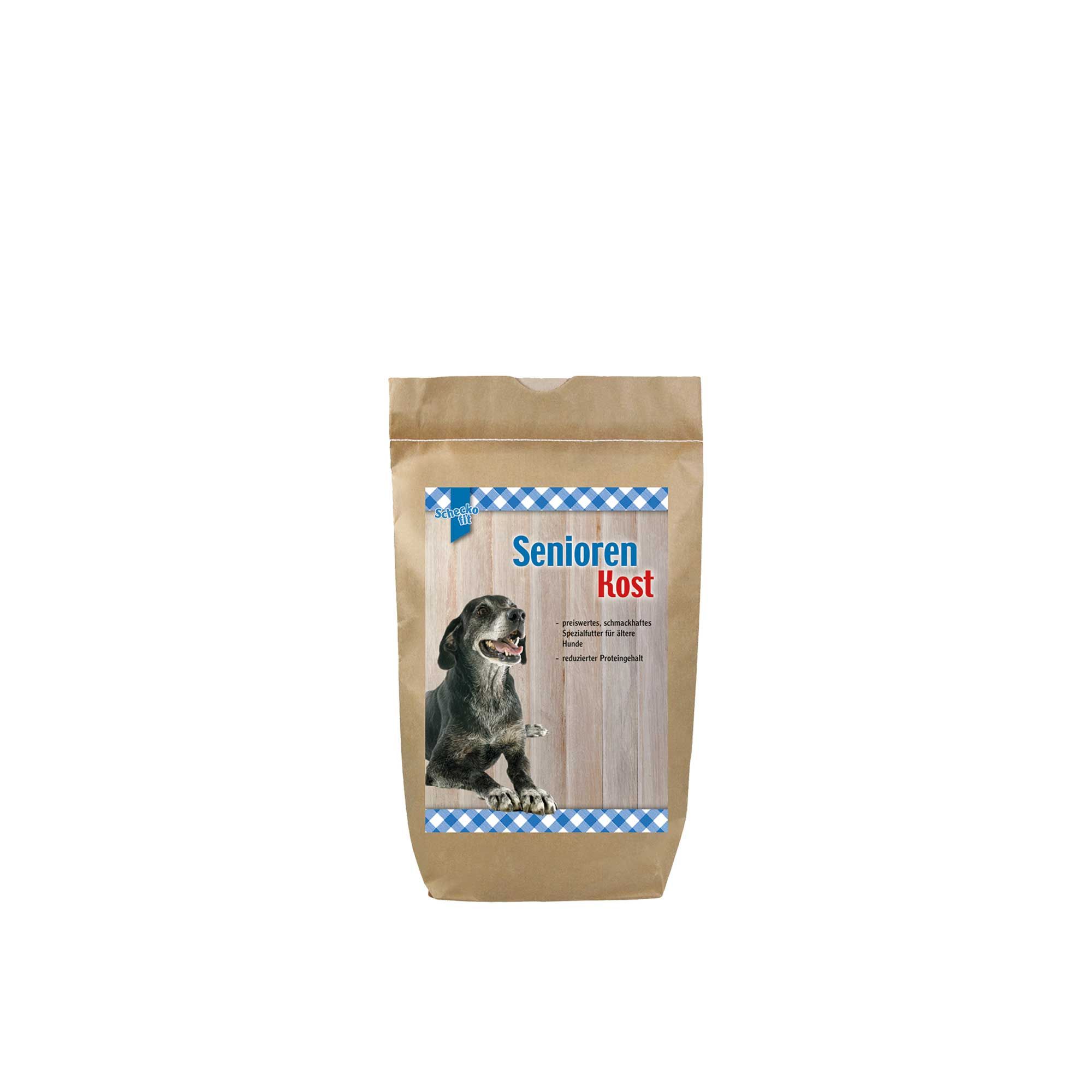 Beutel mit Trockenfutter für ältere Hunde. Aufdruck mit Hund, Schriftzug "Senioren Kost".