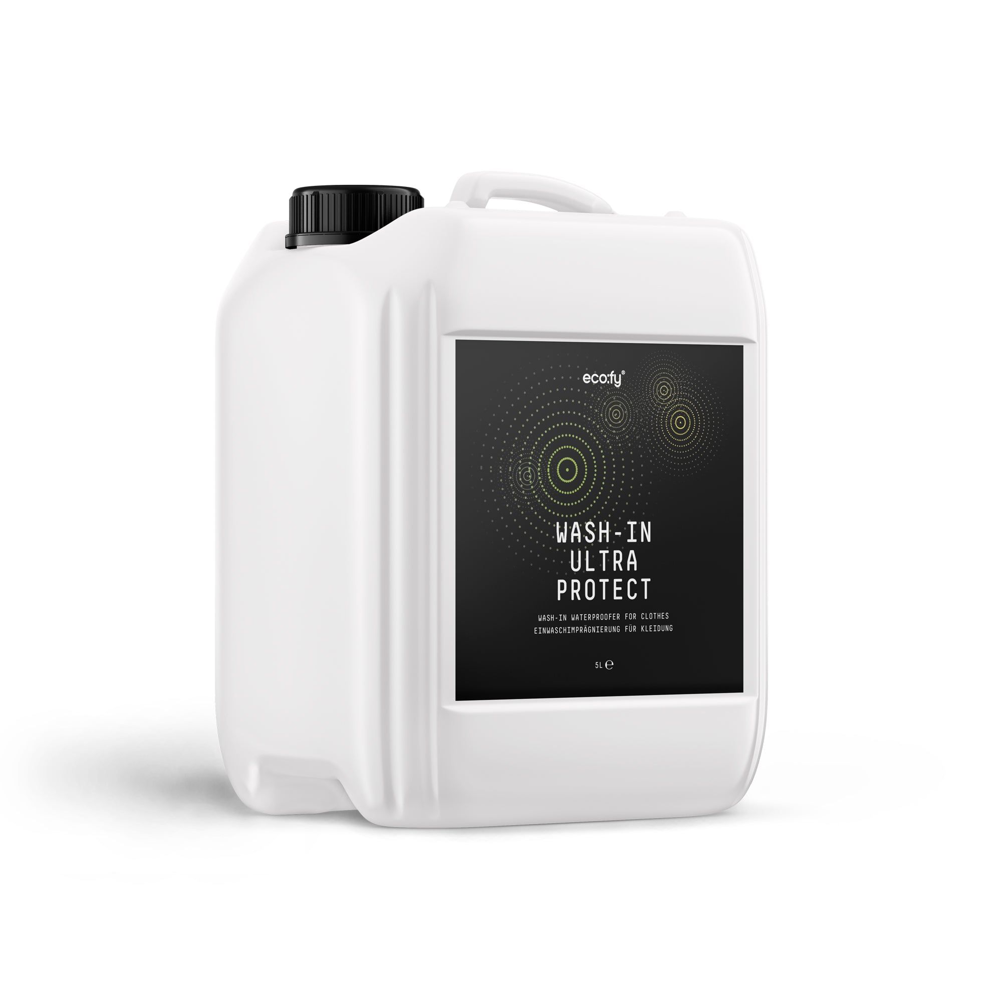 Witte jerrycan met zwarte dop en handvat. Etiket met productinformatie: Wash-In Ultra Protect.