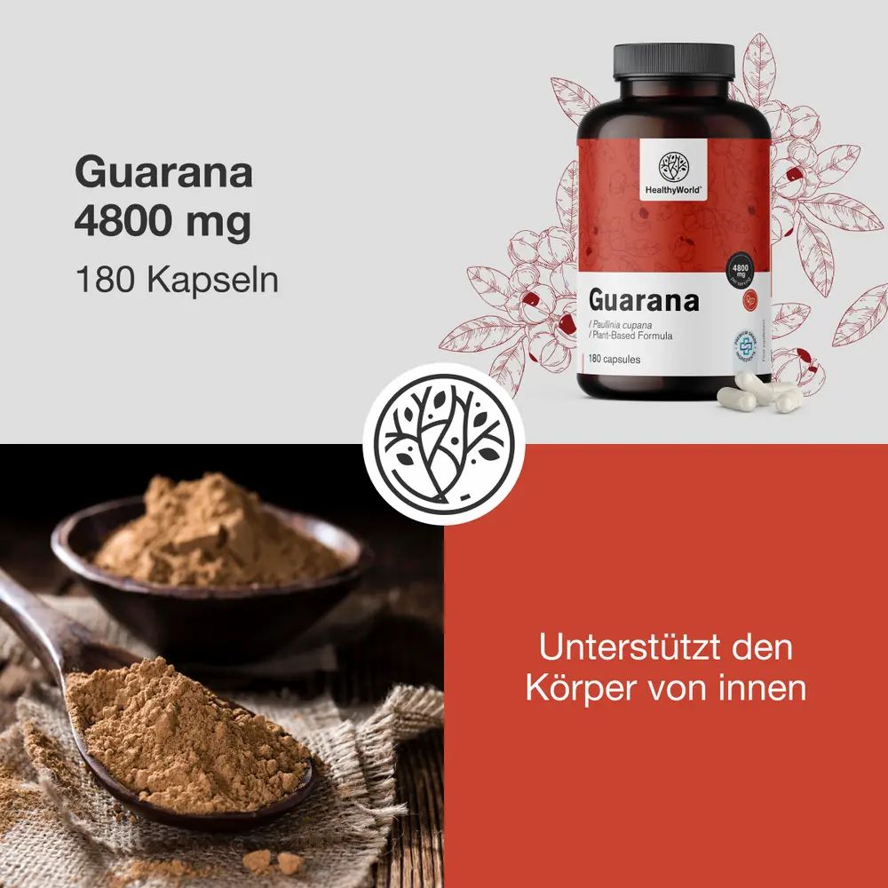 Flasche mit Kapseln und Guarana-Pulver. Aufschrift: Guarana, 4800 mg, 180 Kapseln. Logo: HealthyWorld.