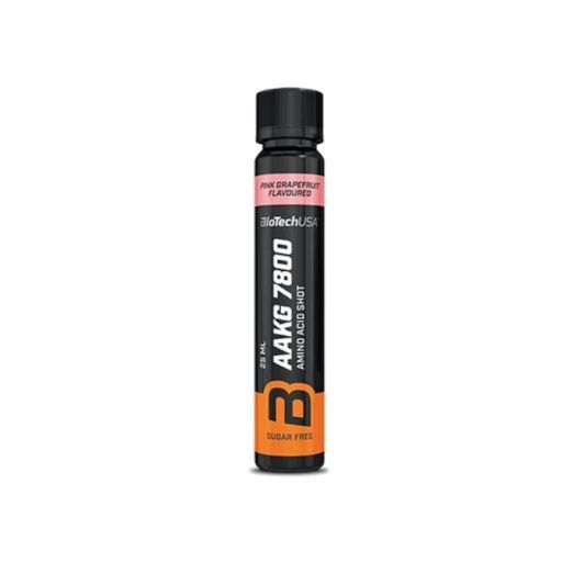 Schwarze Flasche mit rosa und orangefarbenem Etikett. Beschriftung: AAKG 7800 AMINO ACID SHOT, Pink Grapefruit Flavoured, Sugar Free.