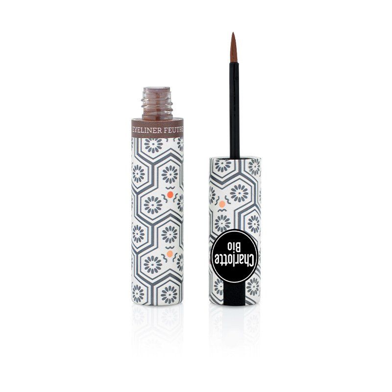 Brauner flüssiger Eyeliner. Schwarzer Applikator. Verpackung mit floralem Muster und Logo.