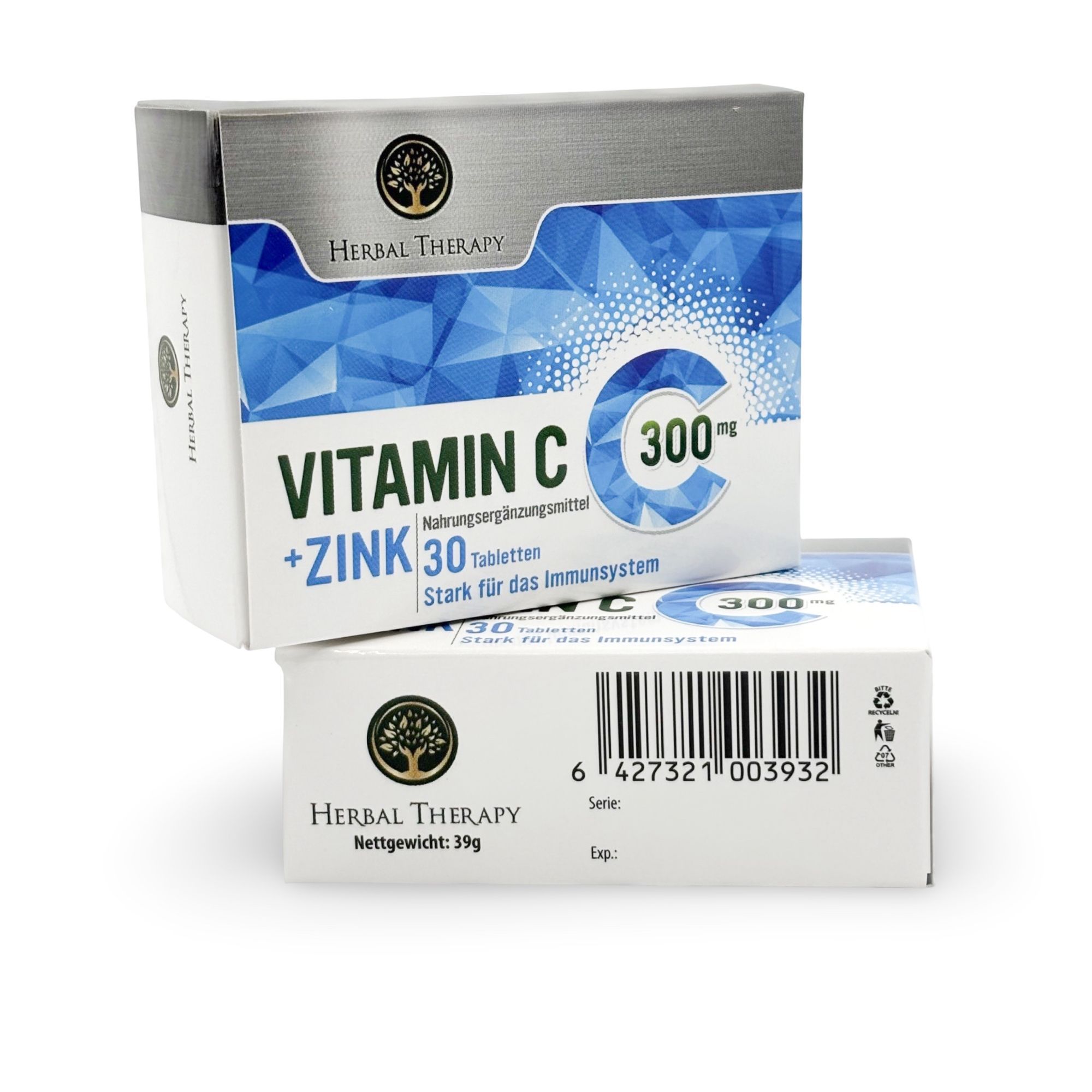 Zwei Schachteln Vitamin C + Zink. Eine steht, die andere liegt. Aufschrift: 30 Tabletten, 300mg.