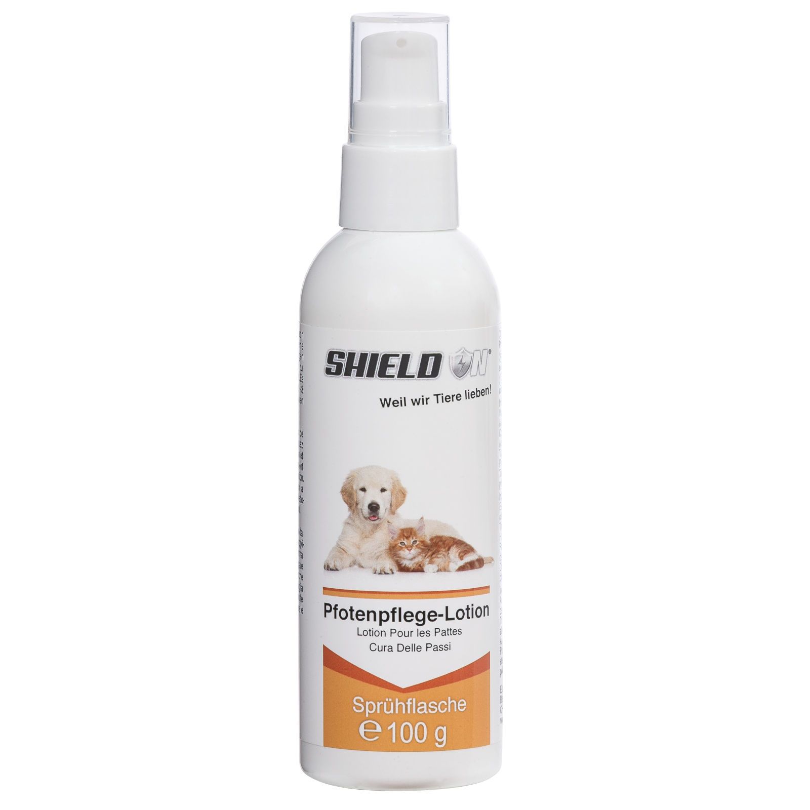 Weiße Sprühflasche mit Produktetikett. Aufschrift: SHIELD, Pfotenpflege-Lotion. Abbildung von Hund und Katze. Orangefarbener Bereich mit Text und 100 g.