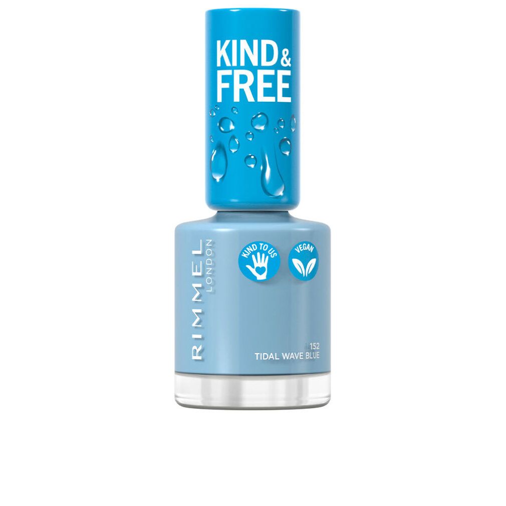 Rimmel London Kind & Free Nagellack. Hellblauer Flakon mit blauem Deckel. Vegan-Siegel.