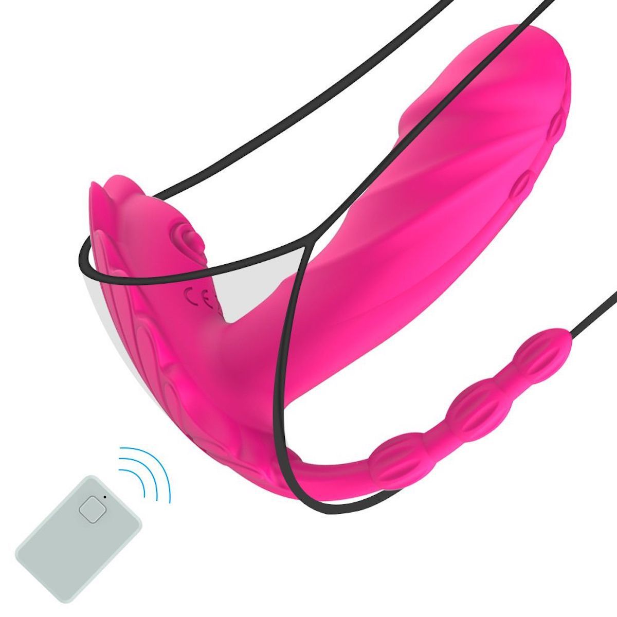 Rosa Vibrator mit G-String-Design und Fernbedienung. Geriffelte Oberfläche, drei Kugeln am Ende. Fernbedienung mit Wellensymbol.