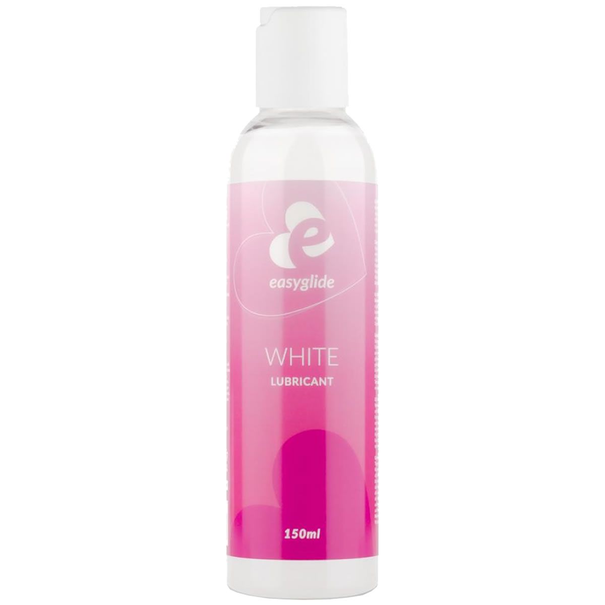 Weißes Gleitgel in einer Flasche mit weißem Deckel. Rosa Etikett mit Produktname und Logo. Volumen: 150ml.
