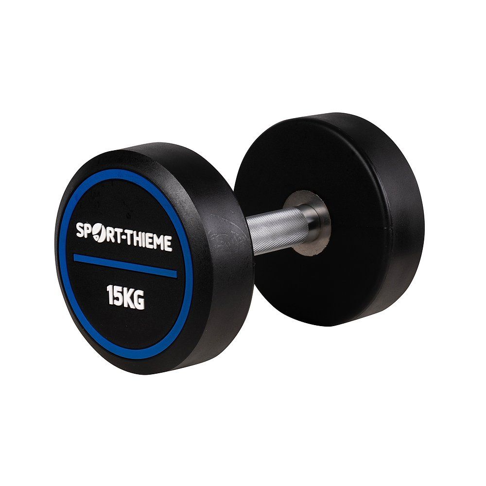 Sport-Thieme Kompakthantel PU Pro, 15 kg. Schwarze Hantelscheiben mit blauem Ring, silberner Griff.