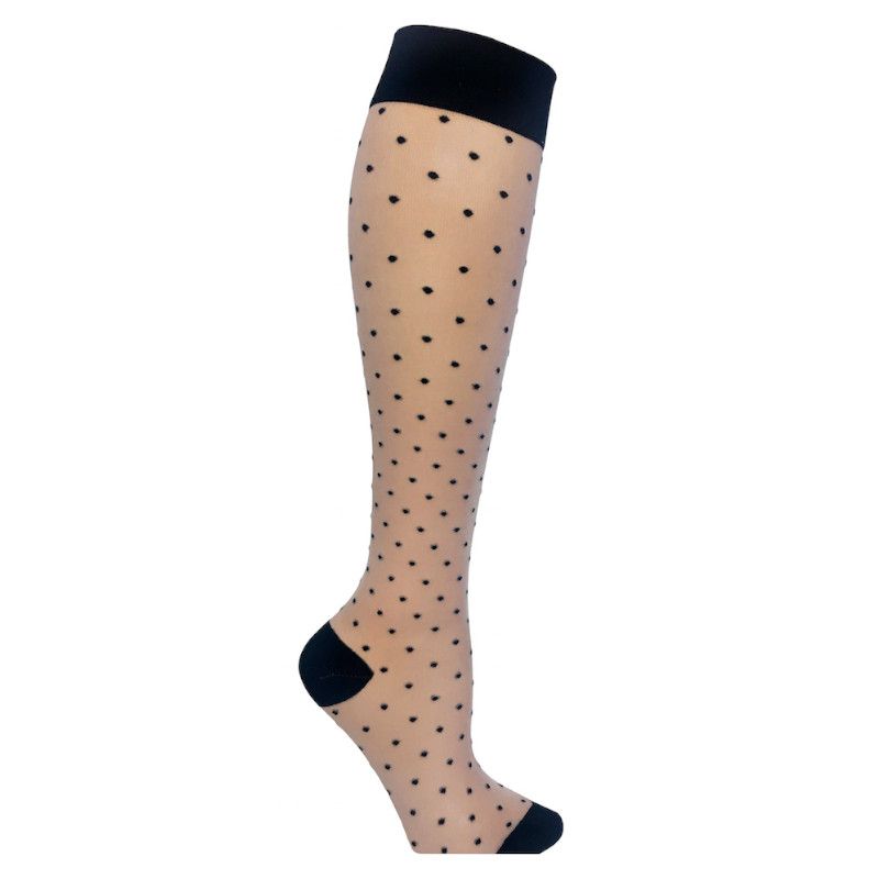 Beige Nylon-Stützstrumpf mit schwarzen Punkten und schwarzem Abschluss. Kniestrümpfe.