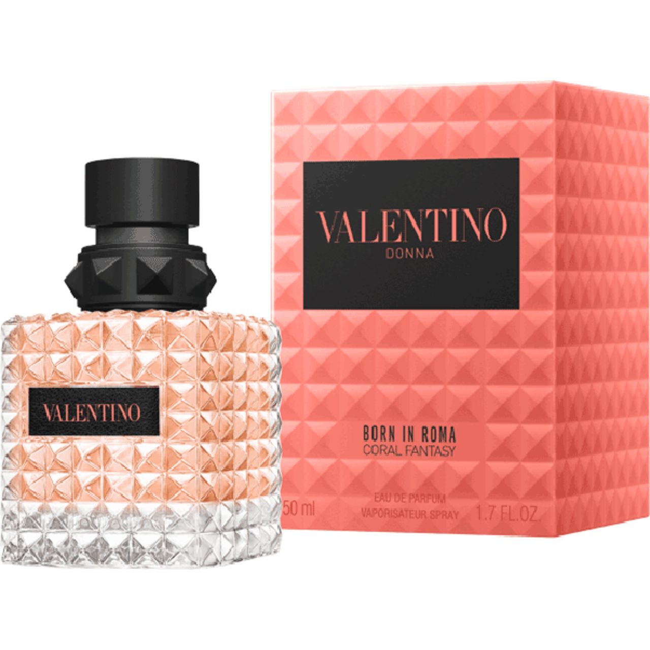 Valentino Born in Roma Coral Fantasy EDP. Flakon und Verpackung in Koralle und Schwarz. Quadratischer Flakon mit Noppenmuster.