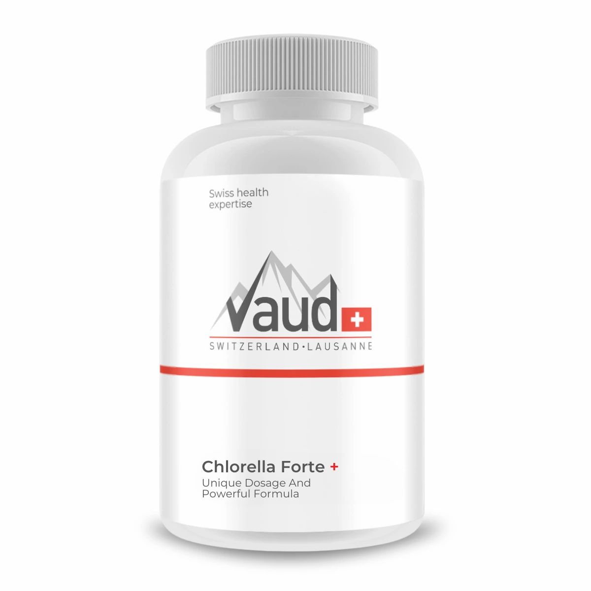 Weiße Flasche mit Schraubverschluss. Aufschrift: Vaud, Chlorella Forte. Roter Streifen. Schweizer Kreuz. Text: Swiss health expertise, Switzerland Lausanne.