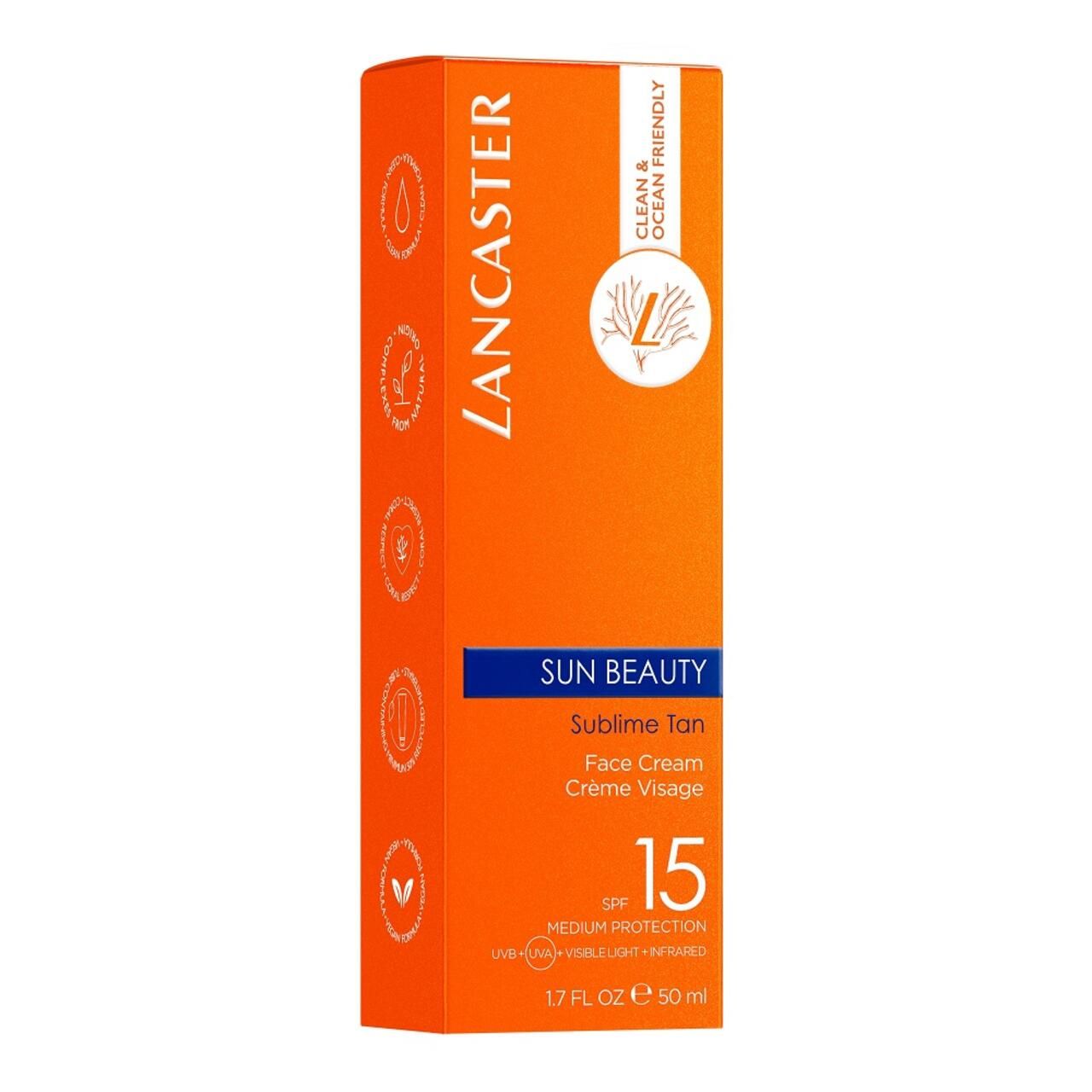 Orangefarbene Verpackung mit Produktinformationen. Text: Lancaster, Sun Beauty, SPF 15.  'Clean & Ocean Friendly'.