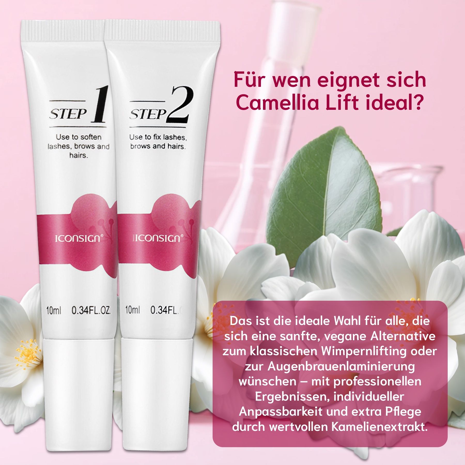 Zwei Tuben mit Creme, 'STEP 1' und 'STEP 2'. Produktnamen und Logo. Hintergrund mit Blüten und Text.