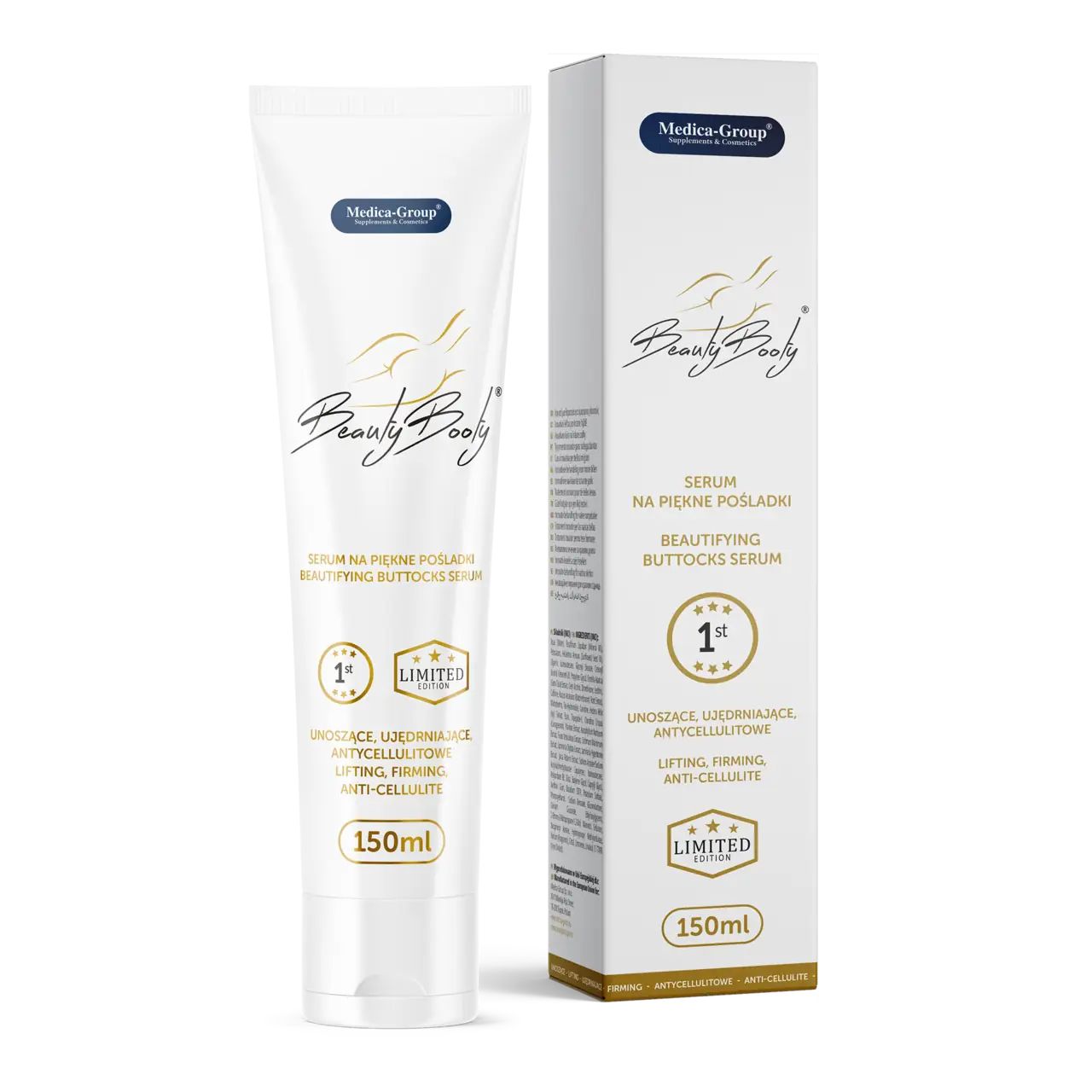 Weißes BeautyBooty Serum in Tube und Schachtel. Aufschrift: Medica-Group, BeautyBooty, Serum, 1st, Limited Edition, 150ml.
