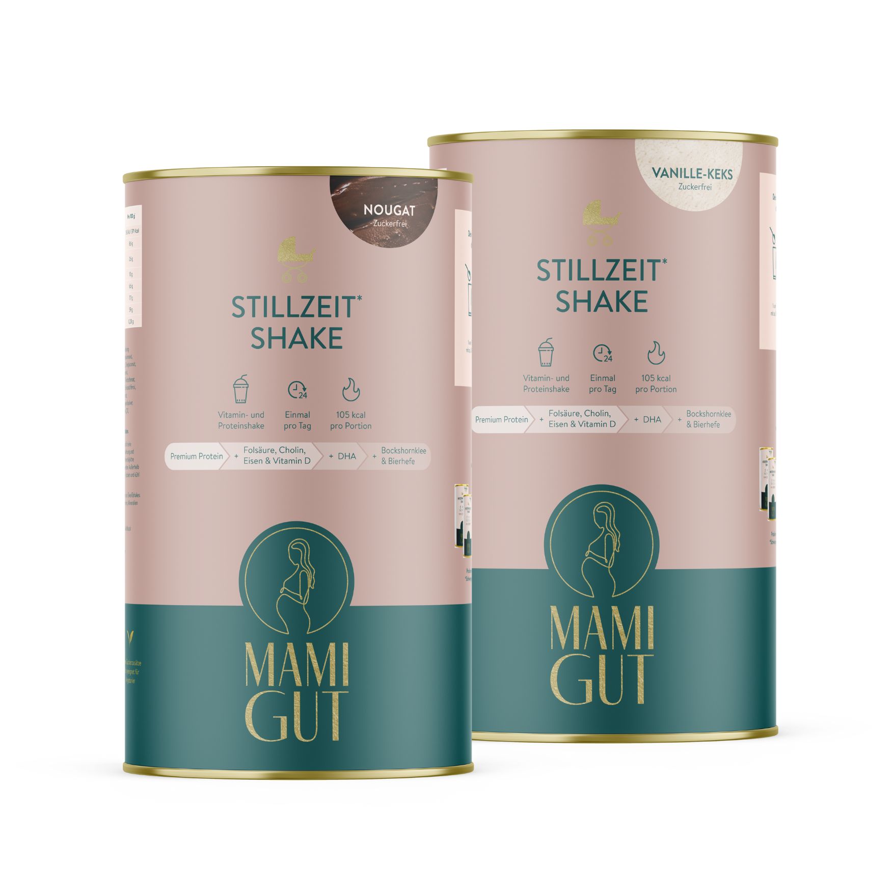 Zwei Dosen "Stillzeit Shake" mit den Geschmacksrichtungen Vanille-Keks und Nougat. Logo "Mami Gut".