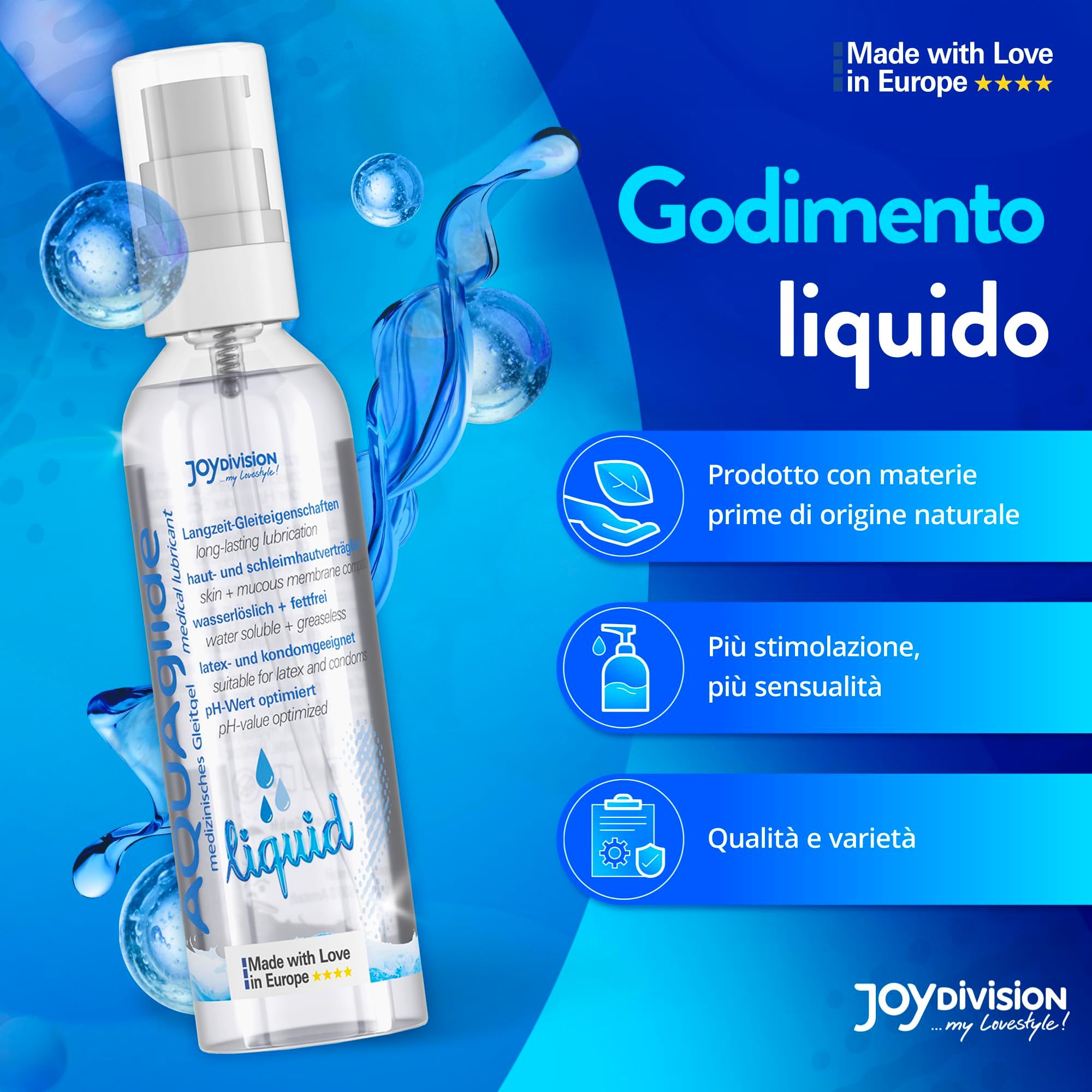 Joydivision AQUAGLIDE Liquid Gleitmittel mit Wasser-Effekt, "Godimento liquido" Aufschrift.