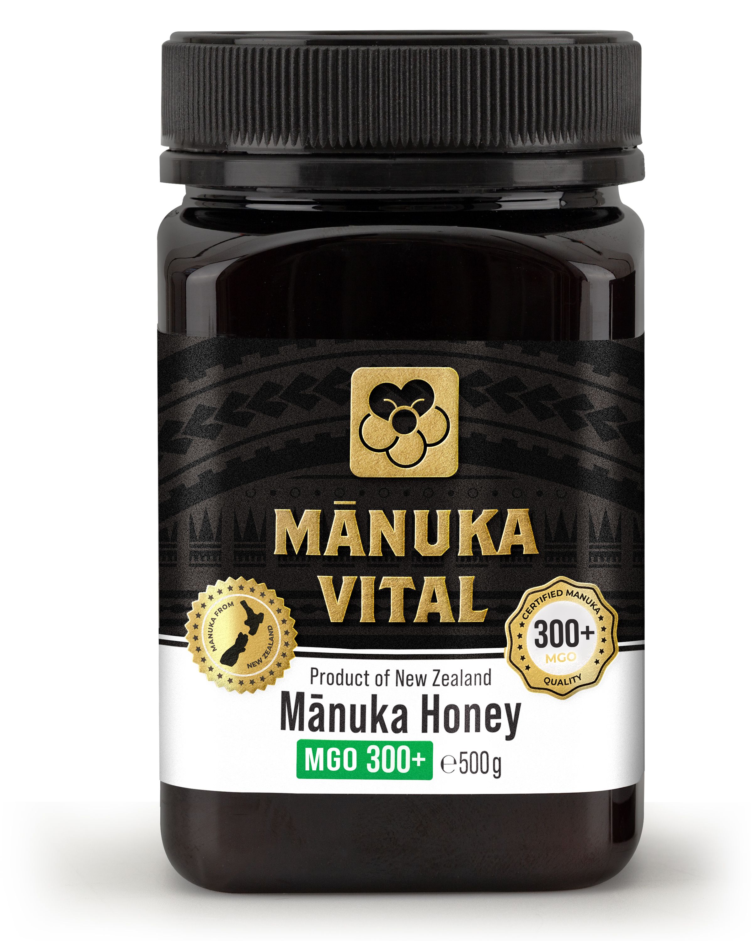 Schwarzes Glas mit Honig. Aufschrift: MĀNUKA VITAL, MGO 300+. Siegel: Zertifiziertes Manuka Honig. Herkunft: Neuseeland.