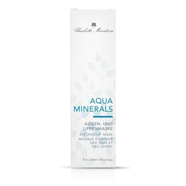 Weiße Verpackung mit Produktnamen und Logo. Text: Aqua Minerals, Augen- und Lippenmaske. Für jeden Hauttyp.