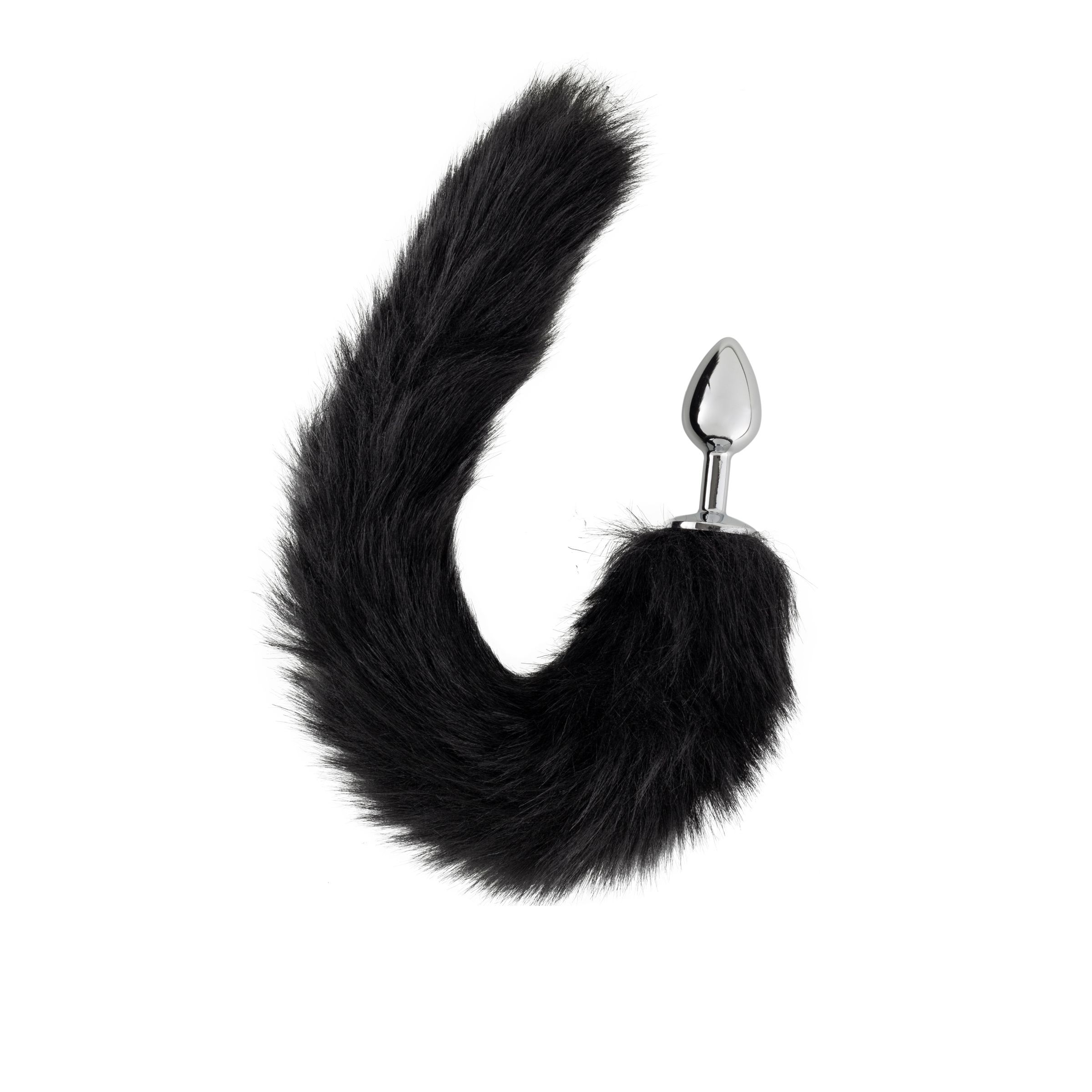 Schwarz gefärbter Analplugs mit Fellschwanz. Der Plug hat eine glänzende, metallische Oberfläche.