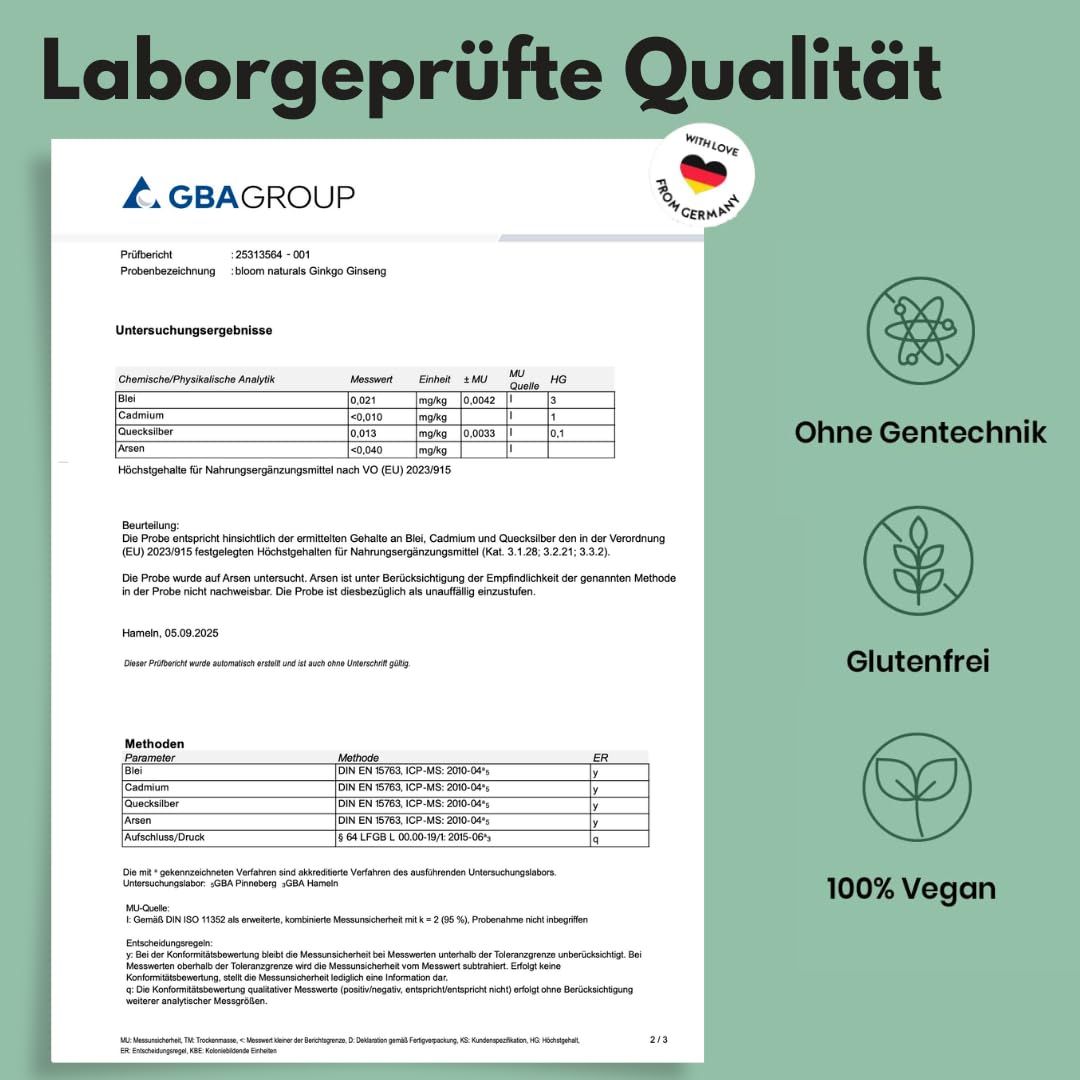 Laborgeprüfte Qualität. Dokument mit Testergebnissen. Symbole: Ohne Gentechnik, glutenfrei, 100% vegan. Logo: Made with love from Germany.