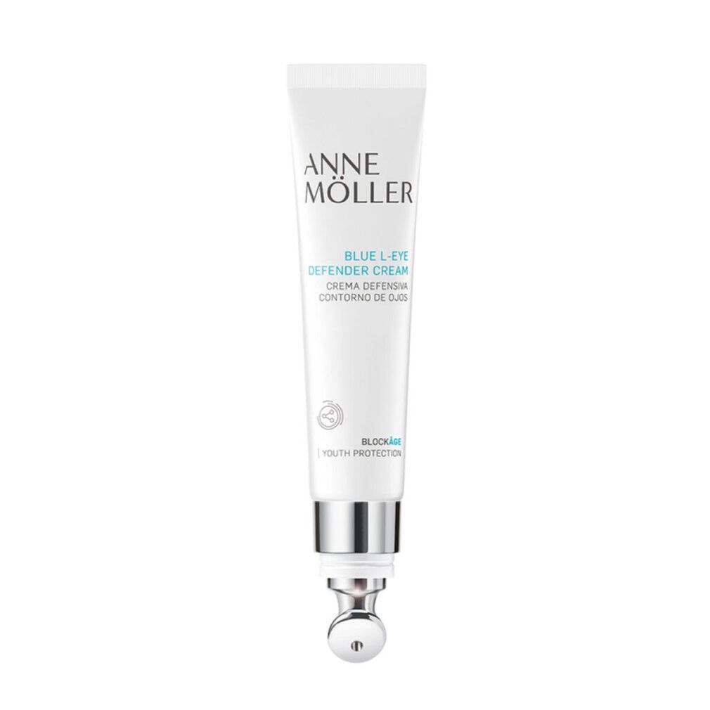 Weiße Tube mit silbernem Verschluss und Applikator. Aufschrift: Anne Möller, Blue L-Eye Defender Cream. Text in Englisch und Spanisch.