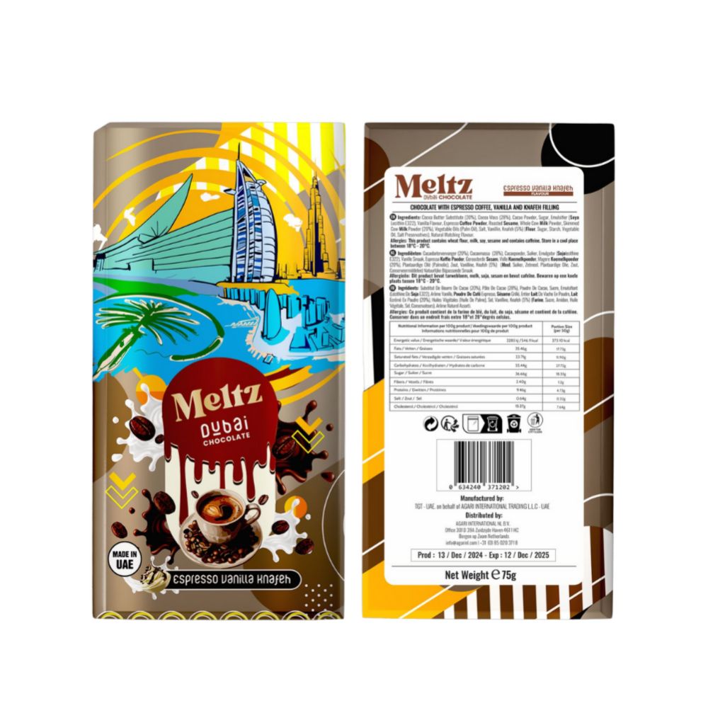 Meltz Dubai Schokolade – Espresso, Vanille & Knafeh-Füllung