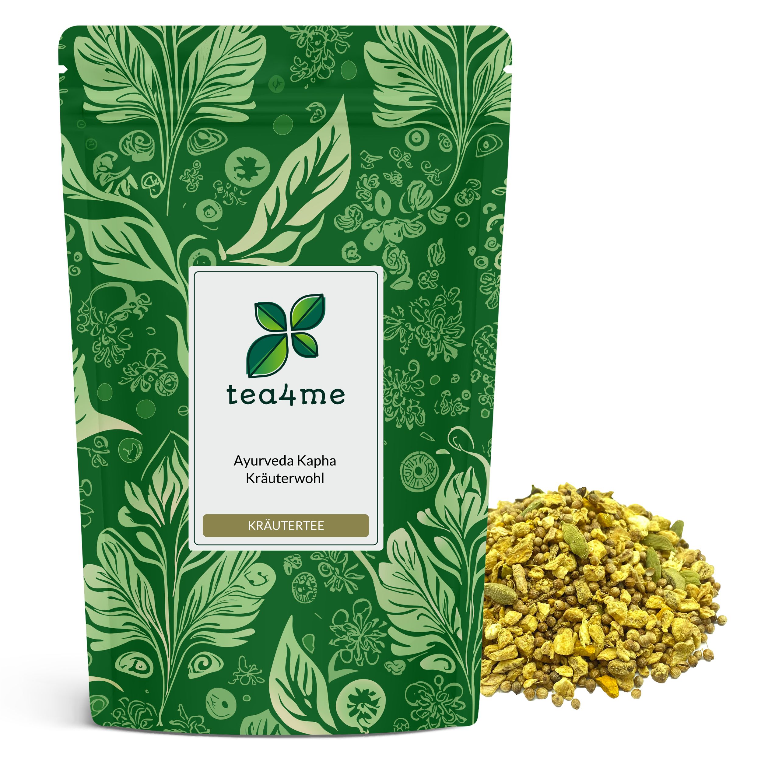 Grüner Beutel mit floralem Muster und Produktetikett. Daneben ein Haufen Kräutermischung.