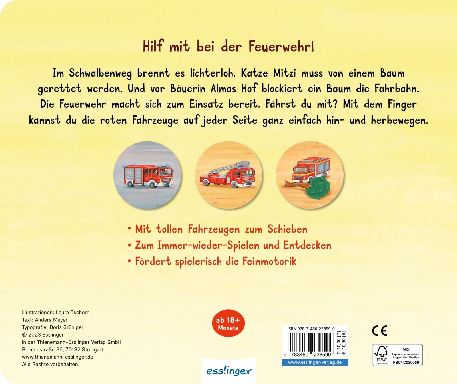 Rückseite des Kinderbuchs "Fahr mit! Bei der Feuerwehr". Text und Illustrationen von Feuerwehrfahrzeugen. Verlag und Altersangabe sichtbar.
