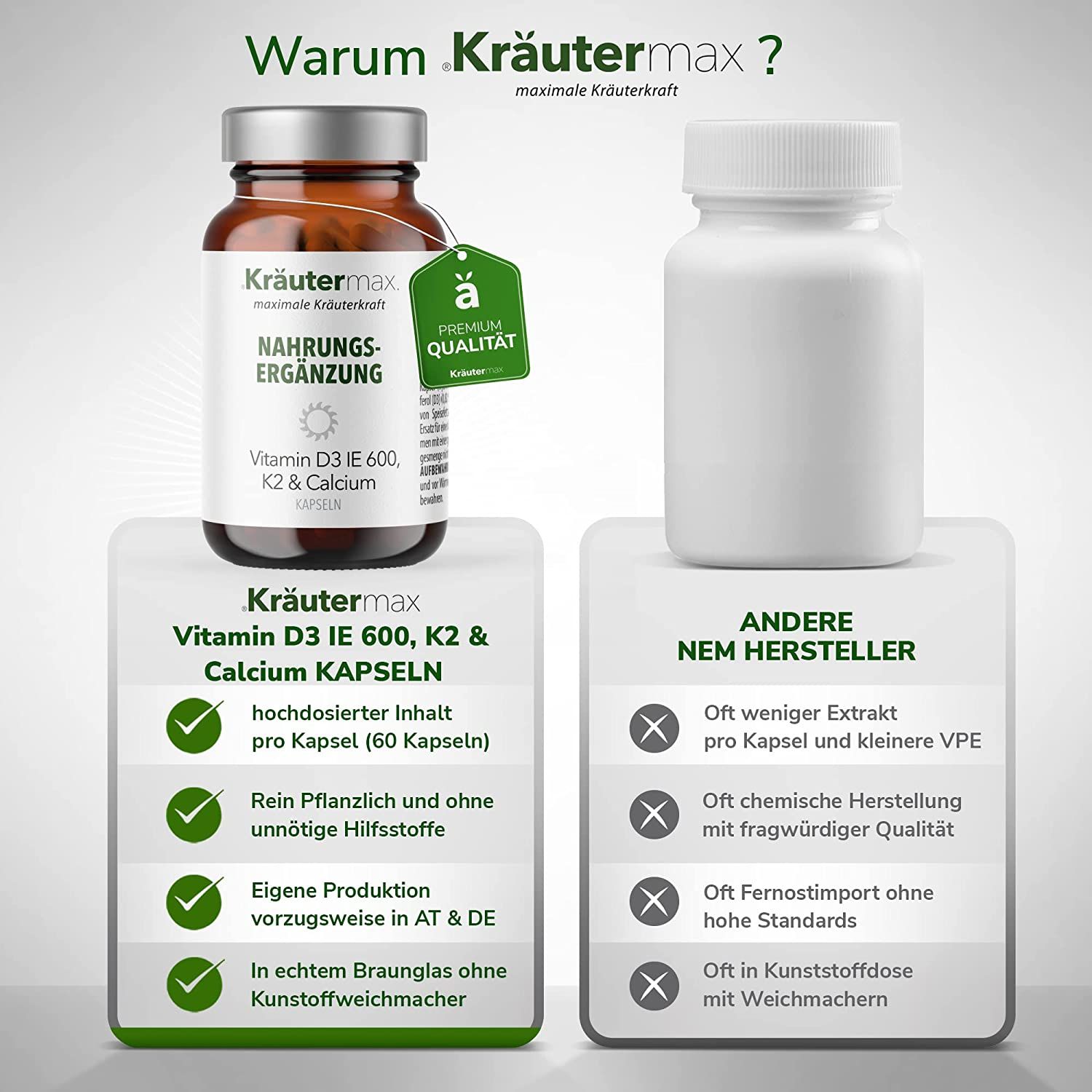 Kräutermax Vitamin D3 IE 600, K2 und Calcium Kapseln