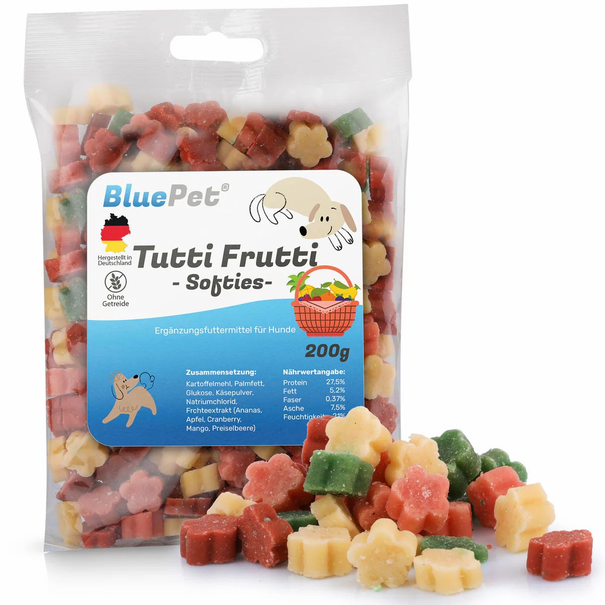Transparente Tüte mit bunten, blütenförmigen Leckerlis. Aufdruck: BluePet Tutti Frutti - Softies. 200g. Ergänzungsfuttermittel für Hunde.