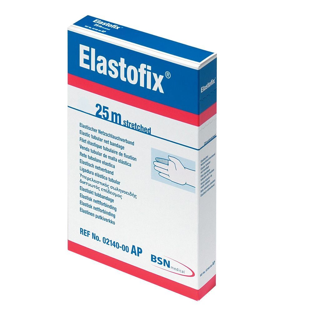 Elastofix-Verpackung. Weiß, blau und rot. 25 m gedehnt. Elastischer Netzschlauchverband.