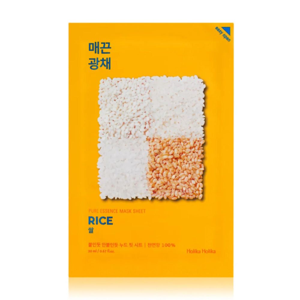 Gelbe Verpackung mit Reis-Motiv. Text: Pure Essence Mask Sheet Rice. Marke: Holika Holika.