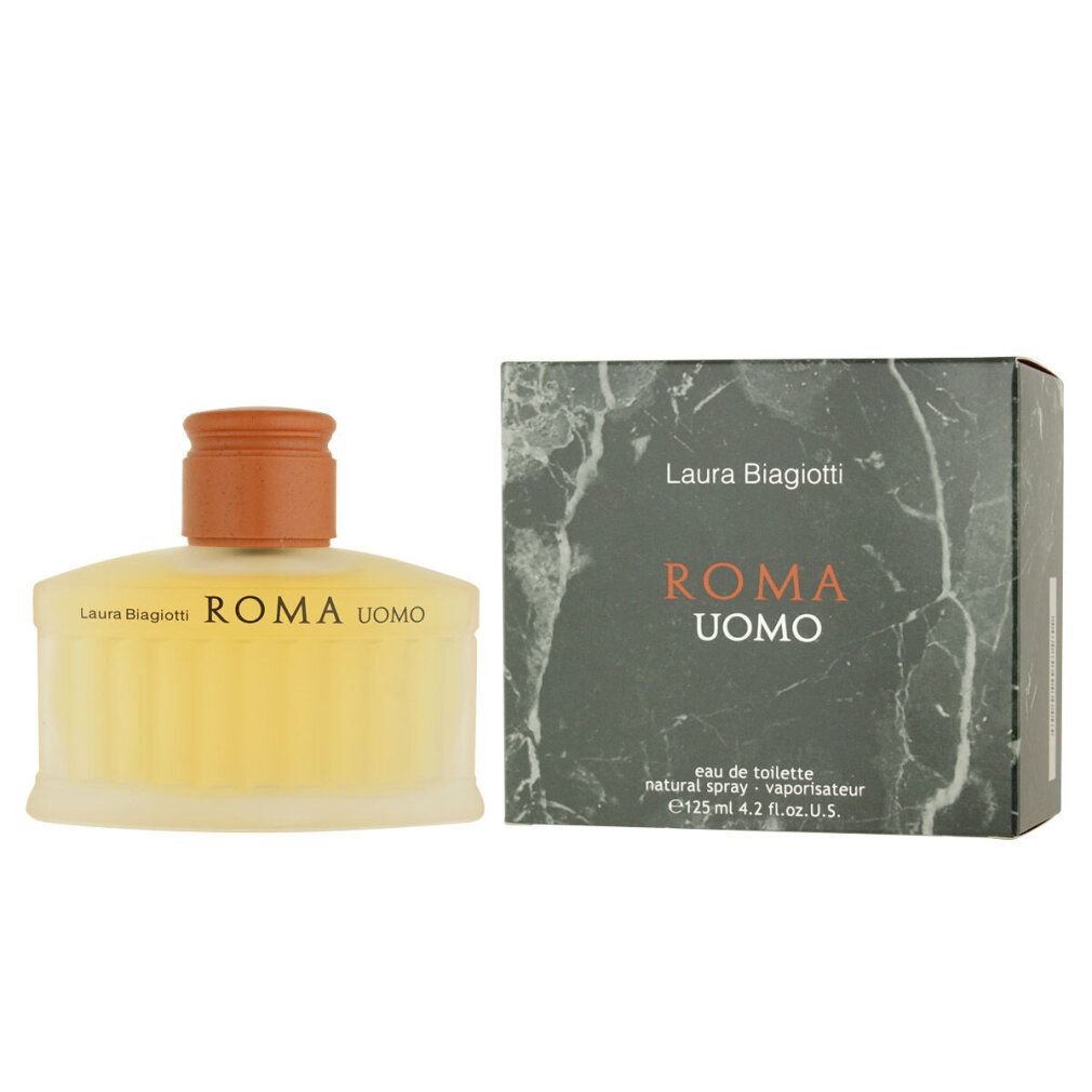 Parfümflasche mit braunem Verschluss und Karton. Aufschrift: ROMA UOMO. Flasche und Karton stehen nebeneinander.
