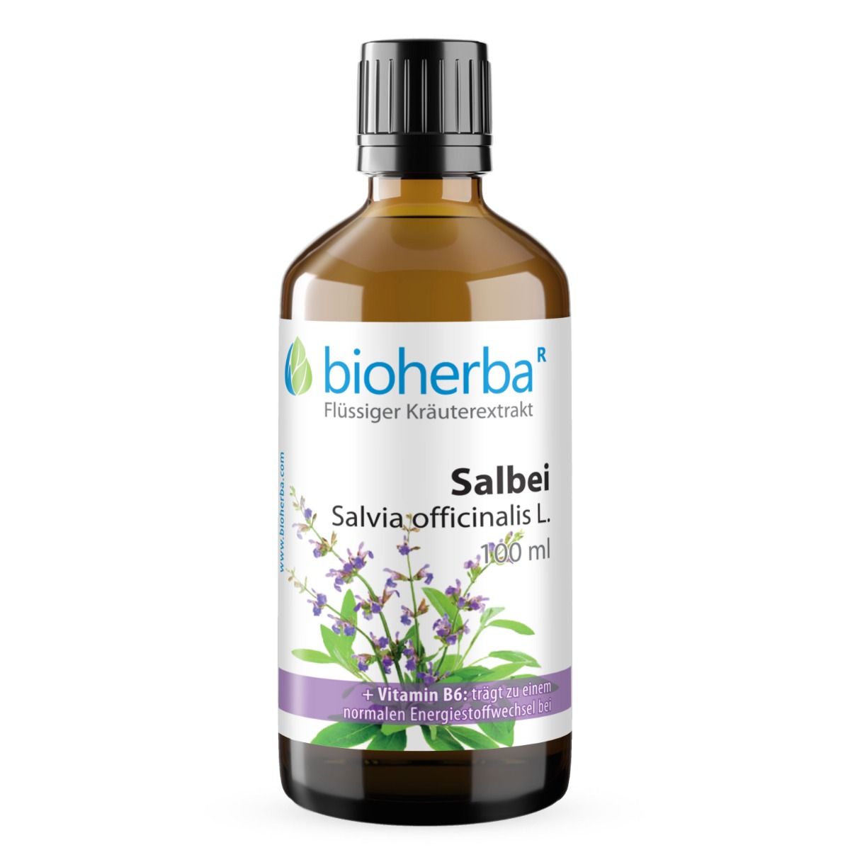 Braune Glasflasche mit schwarzem Deckel. Etikett mit "Bioherba Salbei", "Salvia officinalis L.". Enthält Vitamin B6. 100 ml.