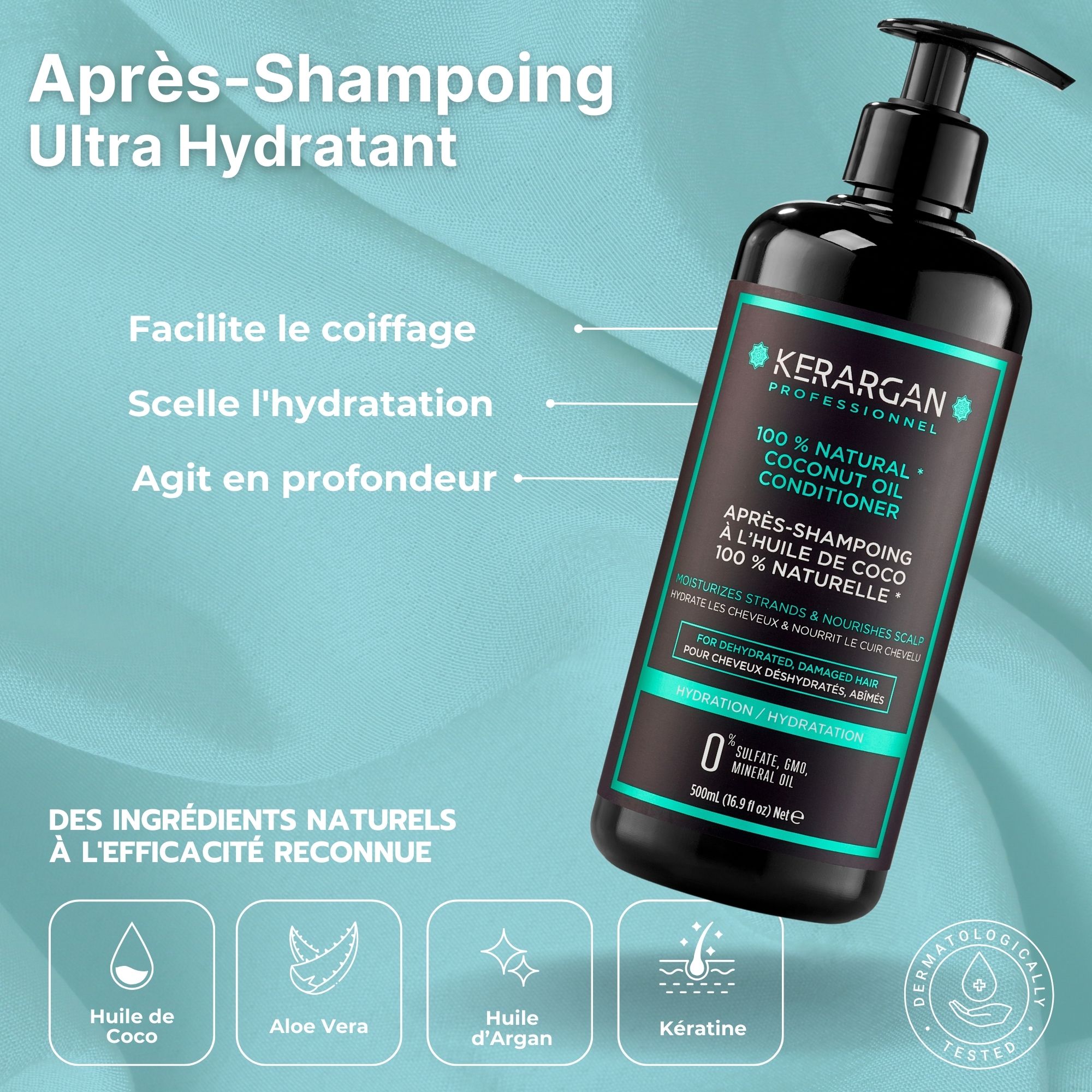 Après-shampooing Kerargan. Flacon noir, étiquette verte. Texte : 100% Natural Coconut Oil Conditioner. Testé dermatologiquement.
