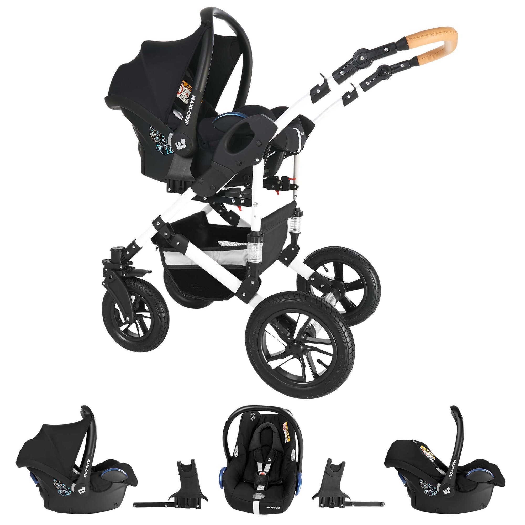 Kinderwagen mit Maxi Cosi-Aufsatz. Weißes Gestell, schwarze Räder. Enthält Adapter für Maxi Cosi.