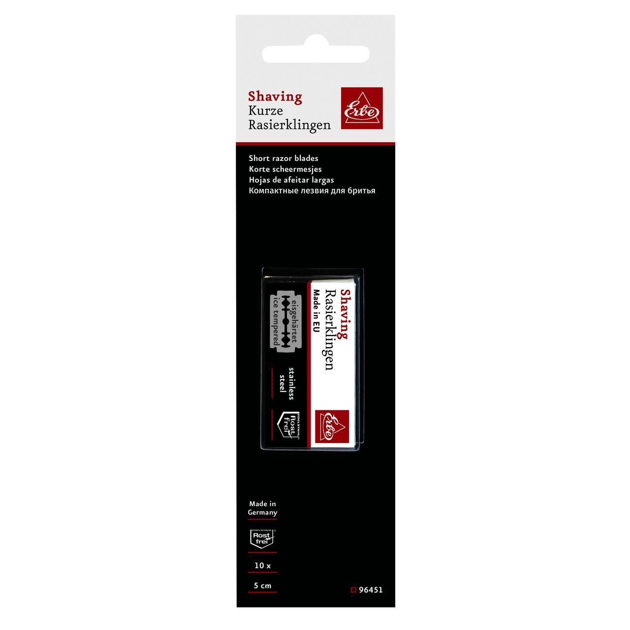 Verpackung mit Rasierklingen. Text: "Shaving Kurze Rasierklingen".