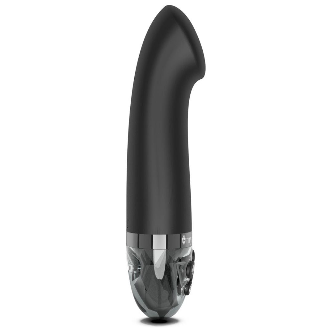 Schwarzer Vibrator mit abgerundeter Spitze und Bedienfeld. Glatte Oberfläche.