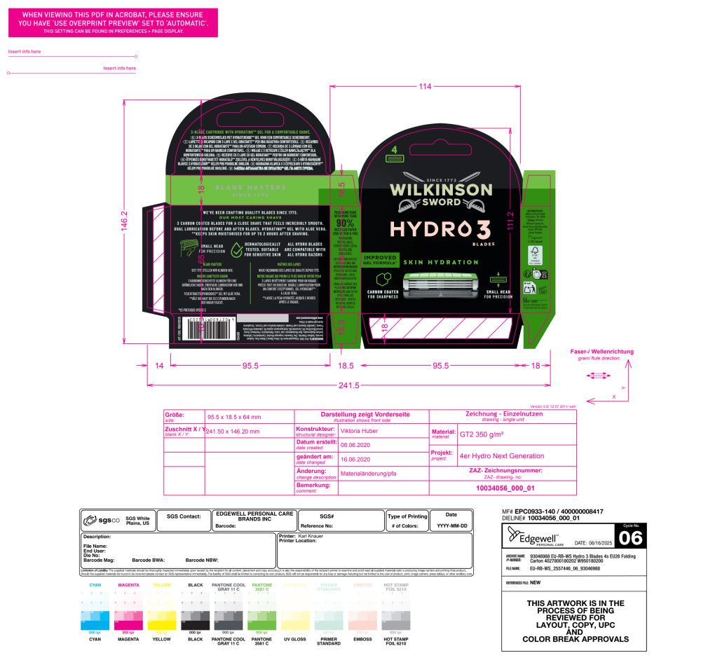 Verpackungsdesign für Wilkinson Sword Hydro 3 Rasierklingen.