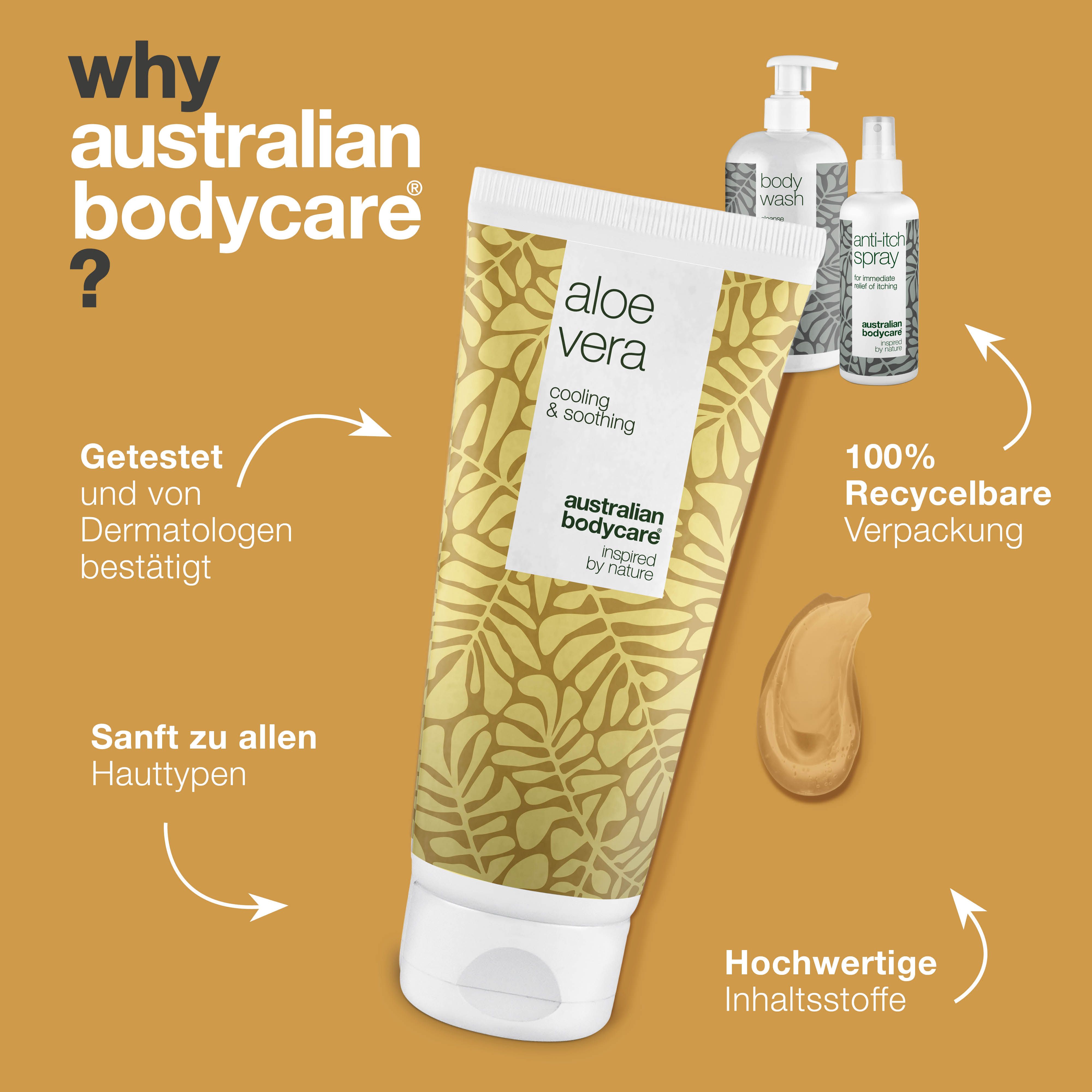 Aloe Vera Gel, Body Wash und Anti-Juckreiz-Spray. Gel-Klecks. Text: Warum Australian Bodycare? Goldener Hintergrund.